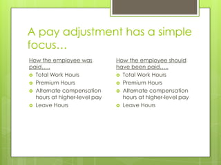 A pay adjustment has a simple
focus…
How the employee was          How the employee should
paid…..                       have been paid…..
 Total Work Hours             Total Work Hours
 Premium Hours                Premium Hours
 Alternate compensation       Alternate compensation
  hours at higher-level pay     hours at higher-level pay
 Leave Hours                  Leave Hours
 