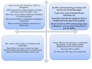 She had to face verity of problems and
challenges.
Bank Were not knee to give her loan
because Biotechnology was a new field and
women Entrepreneurship is quite rare.
Born on the 23rd of march, 1953 in
Bangalore.
2004 named the richest women in India
with more than Rs 2000 crore.
She was on the Forbes 2005 list of India’s
40 richest people.
She pursued BSc in zoology for Bangalore
university.
Master brewer at Ballart university in
Melbourne.
In 1974 started working as trainee with
Carlton and United Beverages.
4 year later joined Ireland’s Biocon
Chemicals Ltd.
Soon after that she set up Biocon India in
collaboration with same Irish company.
Biocon started in 1978 rented garage space
in Bangalore with an initial Investment of
just Rs 10000.
Today, Biocon has become a completely
Integrated, muilt million dollar,
Biopharmaceutical Enterprise.
Went for IPO in 2004
33 times the IPO was over subscribe.
 