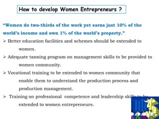 How to develop Women Entrepreneurs ?
“Women do two-thirds of the work yet earns just 10% of the
world’s income and own 1% of the world’s property.”
 Better education facilities and schemes should be extended to
women.
 Adequate tanning program on management skills to be provided to
women community.
 Vocational training to be extended to women community that
enable them to understand the production process and
production management.
 Training on professional competence and leadership skills to be
extended to women entrepreneurs.
 