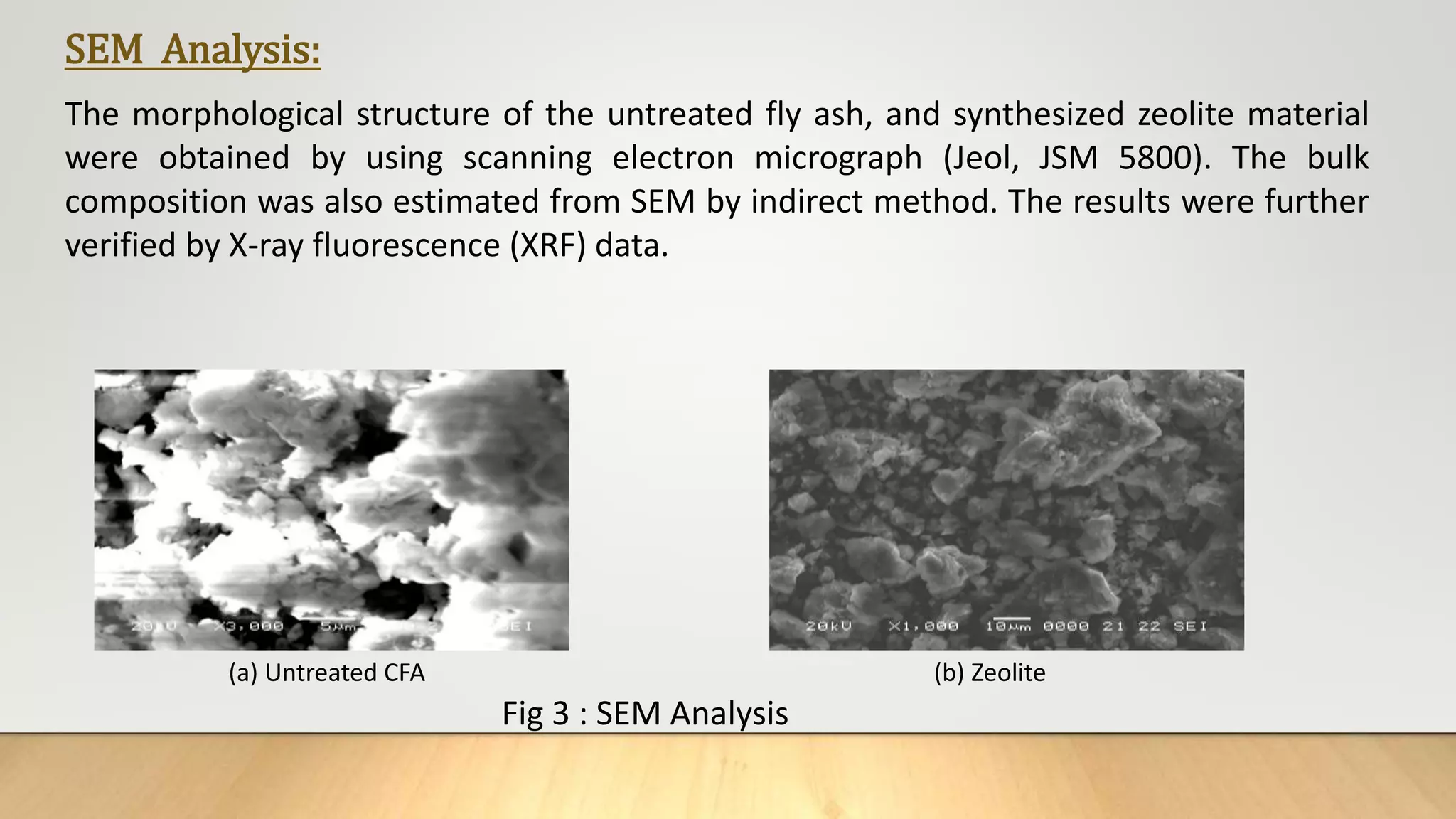 SEM Analysis:
The morphological structure of the untreated fly ash, and synthesized zeolite material
were obtained by using scanning electron micrograph (Jeol, JSM 5800). The bulk
composition was also estimated from SEM by indirect method. The results were further
verified by X-ray fluorescence (XRF) data.
(a) Untreated CFA (b) Zeolite
Fig 3 : SEM Analysis
 