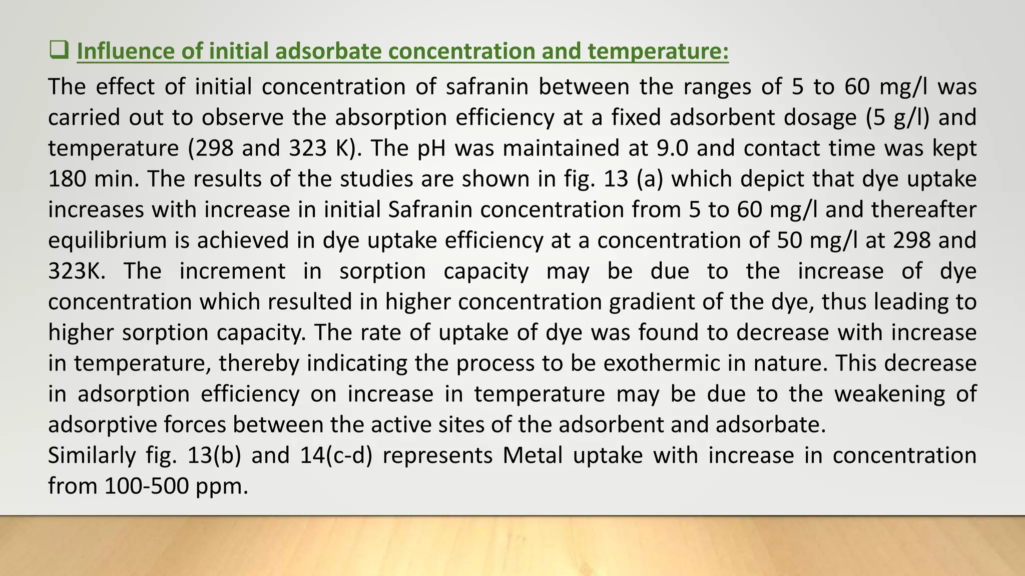  Influence of initial adsorbate concentration and temperature:
The effect of initial concentration of safranin between the ranges of 5 to 60 mg/l was
carried out to observe the absorption efficiency at a fixed adsorbent dosage (5 g/l) and
temperature (298 and 323 K). The pH was maintained at 9.0 and contact time was kept
180 min. The results of the studies are shown in fig. 13 (a) which depict that dye uptake
increases with increase in initial Safranin concentration from 5 to 60 mg/l and thereafter
equilibrium is achieved in dye uptake efficiency at a concentration of 50 mg/l at 298 and
323K. The increment in sorption capacity may be due to the increase of dye
concentration which resulted in higher concentration gradient of the dye, thus leading to
higher sorption capacity. The rate of uptake of dye was found to decrease with increase
in temperature, thereby indicating the process to be exothermic in nature. This decrease
in adsorption efficiency on increase in temperature may be due to the weakening of
adsorptive forces between the active sites of the adsorbent and adsorbate.
Similarly fig. 13(b) and 14(c-d) represents Metal uptake with increase in concentration
from 100-500 ppm.
 