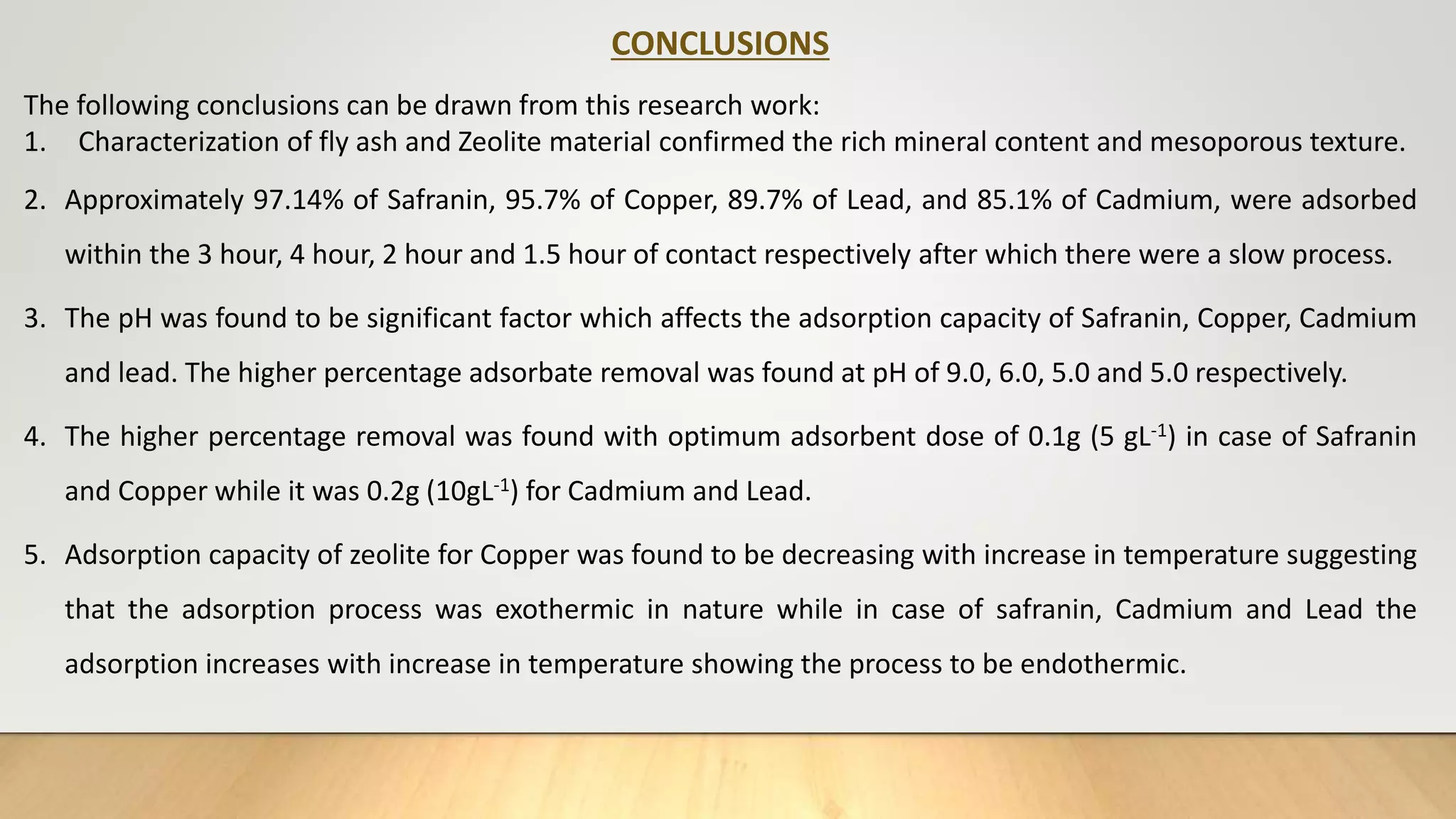 CONCLUSIONS
The following conclusions can be drawn from this research work:
1. Characterization of fly ash and Zeolite material confirmed the rich mineral content and mesoporous texture.
2. Approximately 97.14% of Safranin, 95.7% of Copper, 89.7% of Lead, and 85.1% of Cadmium, were adsorbed
within the 3 hour, 4 hour, 2 hour and 1.5 hour of contact respectively after which there were a slow process.
3. The pH was found to be significant factor which affects the adsorption capacity of Safranin, Copper, Cadmium
and lead. The higher percentage adsorbate removal was found at pH of 9.0, 6.0, 5.0 and 5.0 respectively.
4. The higher percentage removal was found with optimum adsorbent dose of 0.1g (5 gL-1) in case of Safranin
and Copper while it was 0.2g (10gL-1) for Cadmium and Lead.
5. Adsorption capacity of zeolite for Copper was found to be decreasing with increase in temperature suggesting
that the adsorption process was exothermic in nature while in case of safranin, Cadmium and Lead the
adsorption increases with increase in temperature showing the process to be endothermic.
 