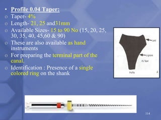 • Profile 0.04 Taper:
o Taper- 4%
o Length- 21, 25 and31mm
o Available Sizes- 15 to 90 No (15, 20, 25,
30, 35, 40, 45,60 & 90)
o These are also available as hand
instruments
o For preparing the terminal part of the
canal.
o Identification : Presence of a single
colored ring on the shank
114
 