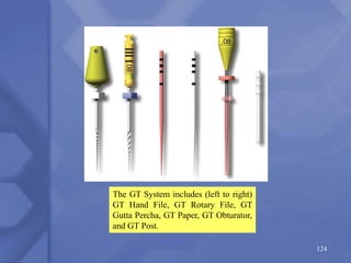 The GT System includes (left to right)
GT Hand File, GT Rotary File, GT
Gutta Percha, GT Paper, GT Obturator,
and GT Post.
124
 