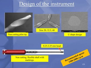 Design of the instrument
Non cutting pilot tip, U shape design
Non cutting, flexible shaft with
markings.
0.25-2.25 mm head
Size 20, 32.5, 40
129
 