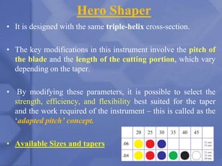 Hero Shaper
135
• It is designed with the same triple-helix cross-section.
• The key modifications in this instrument involve the pitch of
the blade and the length of the cutting portion, which vary
depending on the taper.
• By modifying these parameters, it is possible to select the
strength, efficiency, and flexibility best suited for the taper
and the work required of the instrument – this is called as the
‘adapted pitch’ concept.
• Available Sizes and tapers
 
