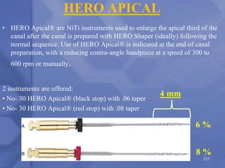 • HERO Apical® are NiTi instruments used to enlarge the apical third of the
canal after the canal is prepared with HERO Shaper (ideally) following the
normal sequence. Use of HERO Apical® is indicated at the end of canal
preparation, with a reducing contra-angle handpiece at a speed of 300 to
600 rpm or manually.
2 instruments are offered:
• No- 30 HERO Apical® (black stop) with .06 taper
• No- 30 HERO Apical® (red stop) with .08 taper
137
4 mm
6 %
8 %
HERO APICAL
 