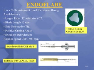 ENDOFLARE
It is a Ni-Ti instrument used for coronal flaring.
Available as :-
• Larger Taper .12 with size # 25.
• Blade Length 15 mm
• Safe Non-Active Tip.
• Positive Cutting Angle.
• Excellent Debridement
Rotation speed: 300 - 600 rpm
139
Endoflare with INGET shaft
Endoflare with CLASSIC shaft
TRIPLE HELIX
CROSS SECTION
 