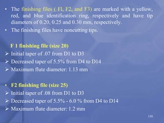 • The finishing files ( Fl, F2, and F3) are marked with a yellow,
red, and blue identification ring, respectively and have tip
diameters of 0.20, 0.25 and 0.30 mm, respectively.
• The finishing files have noncutting tips.
F 1 finishing file (size 20)
 Initial taper of .07 from D1 to D3
 Decreased taper of 5.5% from D4 to D14
 Maximum flute diameter: 1.13 mm
• F2 finishing file (size 25)
 Initial taper of .08 from D1 to D3
 Decreased taper of 5.5% - 6.0 % from D4 to D14
 Maximum flute diameter: 1.2 mm
150
 