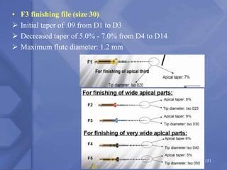 • F3 finishing file (size 30)
 Initial taper of .09 from D1 to D3
 Decreased taper of 5.0% - 7.0% from D4 to D14
 Maximum flute diameter: 1.2 mm
151
 