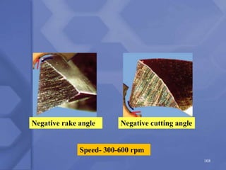 168
Negative rake angle Negative cutting angle
Speed- 300-600 rpm
 