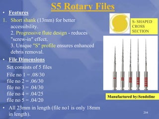 S5 Rotary Files
• Features
1. Short shank (13mm) for better
accessibility.
2. Progressive flute design - reduces
"screw-in" effect.
3. Unique "S" profile ensures enhanced
debris removal.
• File Dimensions
Set consists of 5 files
File no 1 = .08/30
file no 2 = .06/30
file no 3 = .04/30
file no 4 = .04/25
file no 5 = .04/20
• All 23mm in length (file no1 is only 18mm
in length). 204
Manufactured by:Sendoline
S- SHAPED
CROSS
SECTION
 