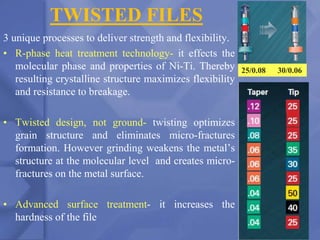 TWISTED FILES
3 unique processes to deliver strength and flexibility.
• R-phase heat treatment technology- it effects the
molecular phase and properties of Ni-Ti. Thereby
resulting crystalline structure maximizes flexibility
and resistance to breakage.
• Twisted design, not ground- twisting optimizes
grain structure and eliminates micro-fractures
formation. However grinding weakens the metal’s
structure at the molecular level and creates micro-
fractures on the metal surface.
• Advanced surface treatment- it increases the
hardness of the file
205
25/0.08 30/0.06
 