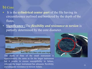 b) Core
• It is the cylindrical center part of the file having its
circumference outlined and bordered by the depth of the
flutes.
• Significance :The flexibility and resistance to torsion is
partially determined by the core diameter.
The depth of flute of the small instrument is
approximately the same as for the larger instrument
but it results in excess susceptibility to failure,
whereas the larger instrument has adequate flexibility
and adequate resistance to torsion failure.
33
25 k
15 k
Both files have flute with same depth
 