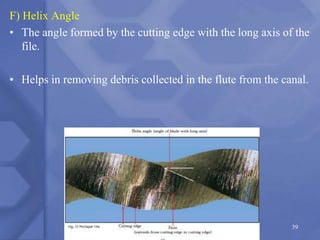 F) Helix Angle
• The angle formed by the cutting edge with the long axis of the
file.
• Helps in removing debris collected in the flute from the canal.
39
 