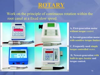 ROTARY
Work on the principle of continuous rotation within the
root canal at a fixed slow speed.
79
A, First-generation motor
without torque control.
B, Second-generation motor
with sensitive torque limiter.
C, Frequently used simple
torque controlled motor.
D, Newest-generation with
built-in apex locator and
torque control.
 