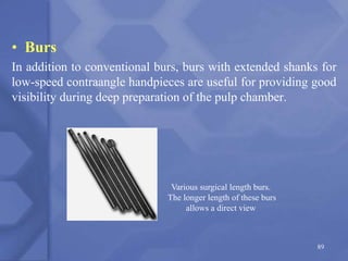 • Burs
In addition to conventional burs, burs with extended shanks for
low-speed contraangle handpieces are useful for providing good
visibility during deep preparation of the pulp chamber.
Various surgical length burs.
The longer length of these burs
allows a direct view
89
 