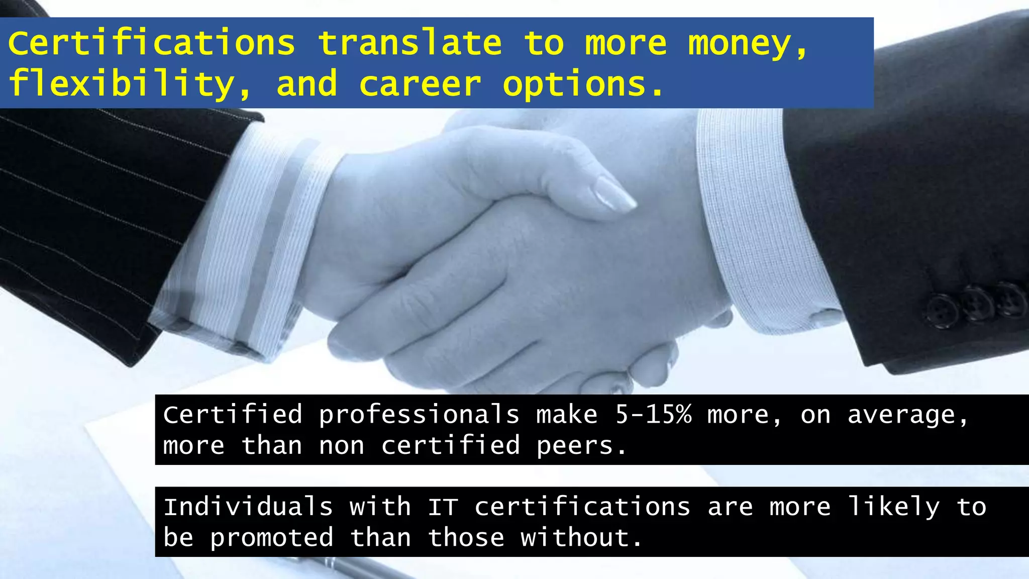 Certifications translate to more money,
flexibility, and career options.
Certified professionals make 5-15% more, on average,
more than non certified peers.
Individuals with IT certifications are more likely to
be promoted than those without.
 