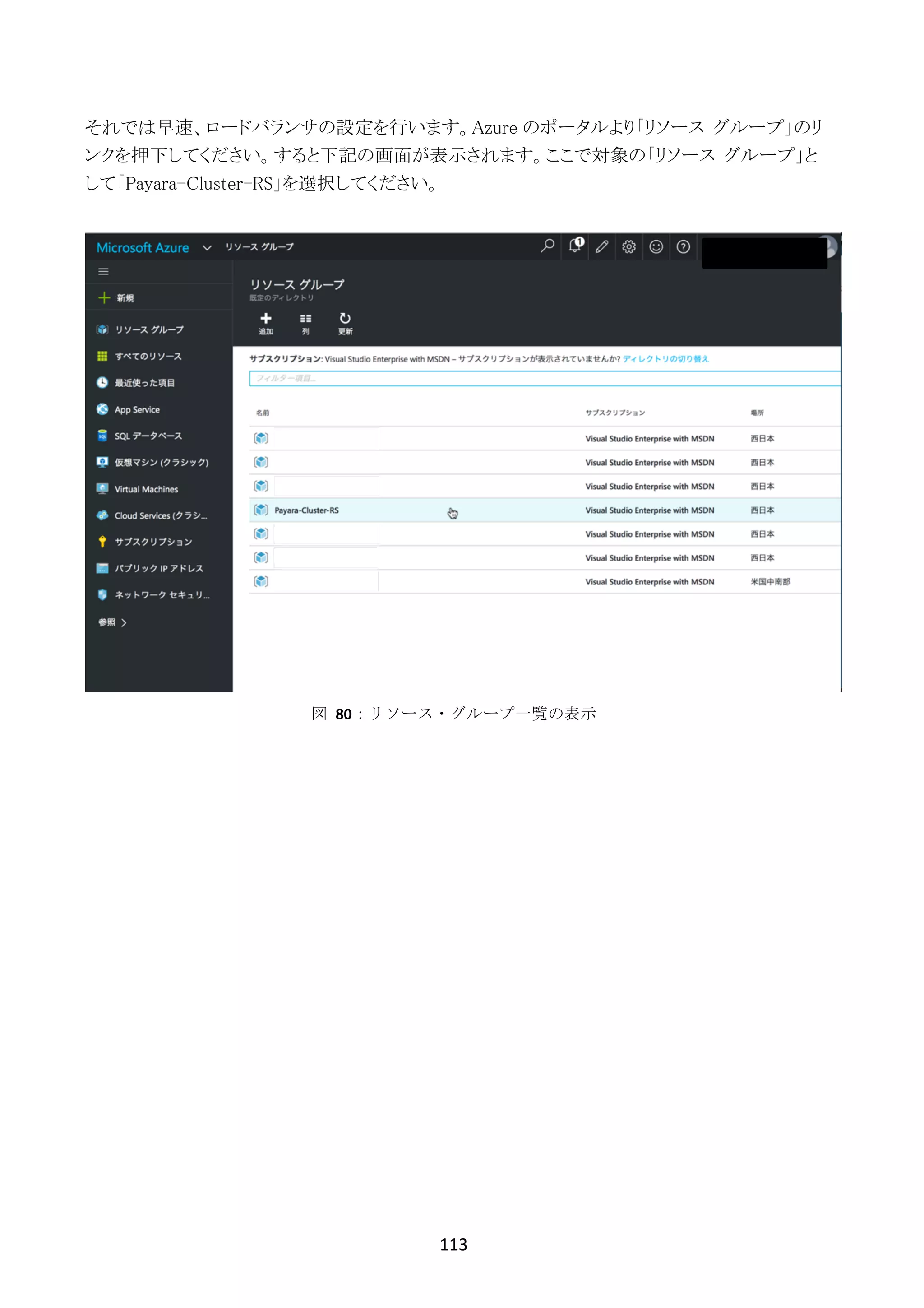 113	
	
それでは早速、ロードバランサの設定を行います。Azure のポータルより「リソース グループ」のリ
ンクを押下してください。すると下記の画面が表示されます。ここで対象の「リソース グループ」と
して「Payara-Cluster-RS」を選択してください。
図	 80：リソース・グループ一覧の表示
 