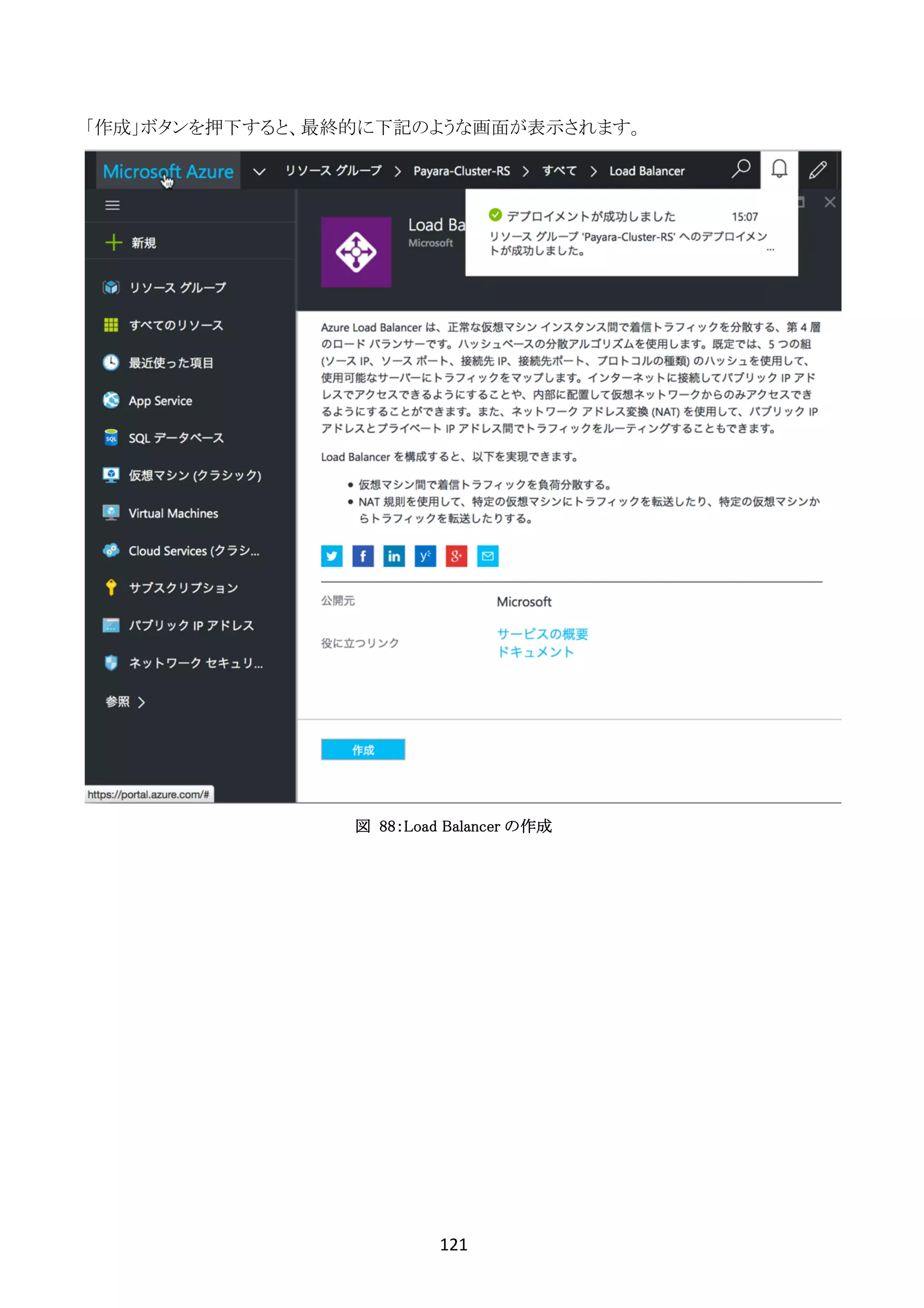121	
	
「作成」ボタンを押下すると、最終的に下記のような画面が表示されます。
図 88：Load Balancer の作成
 