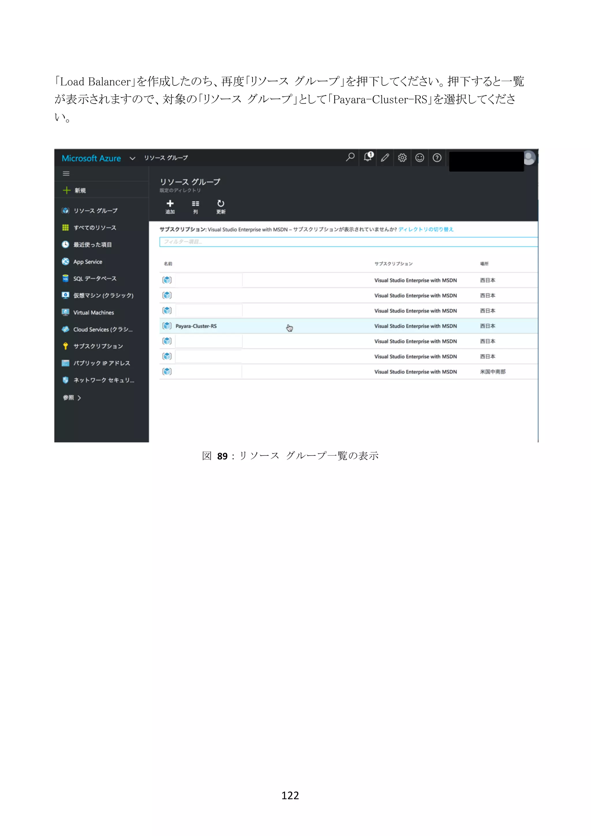 122	
	
「Load Balancer」を作成したのち、再度「リソース グループ」を押下してください。押下すると一覧
が表示されますので、対象の「リソース グループ」として「Payara-Cluster-RS」を選択してくださ
い。
図	 89：リソース	 グループ一覧の表示
 
