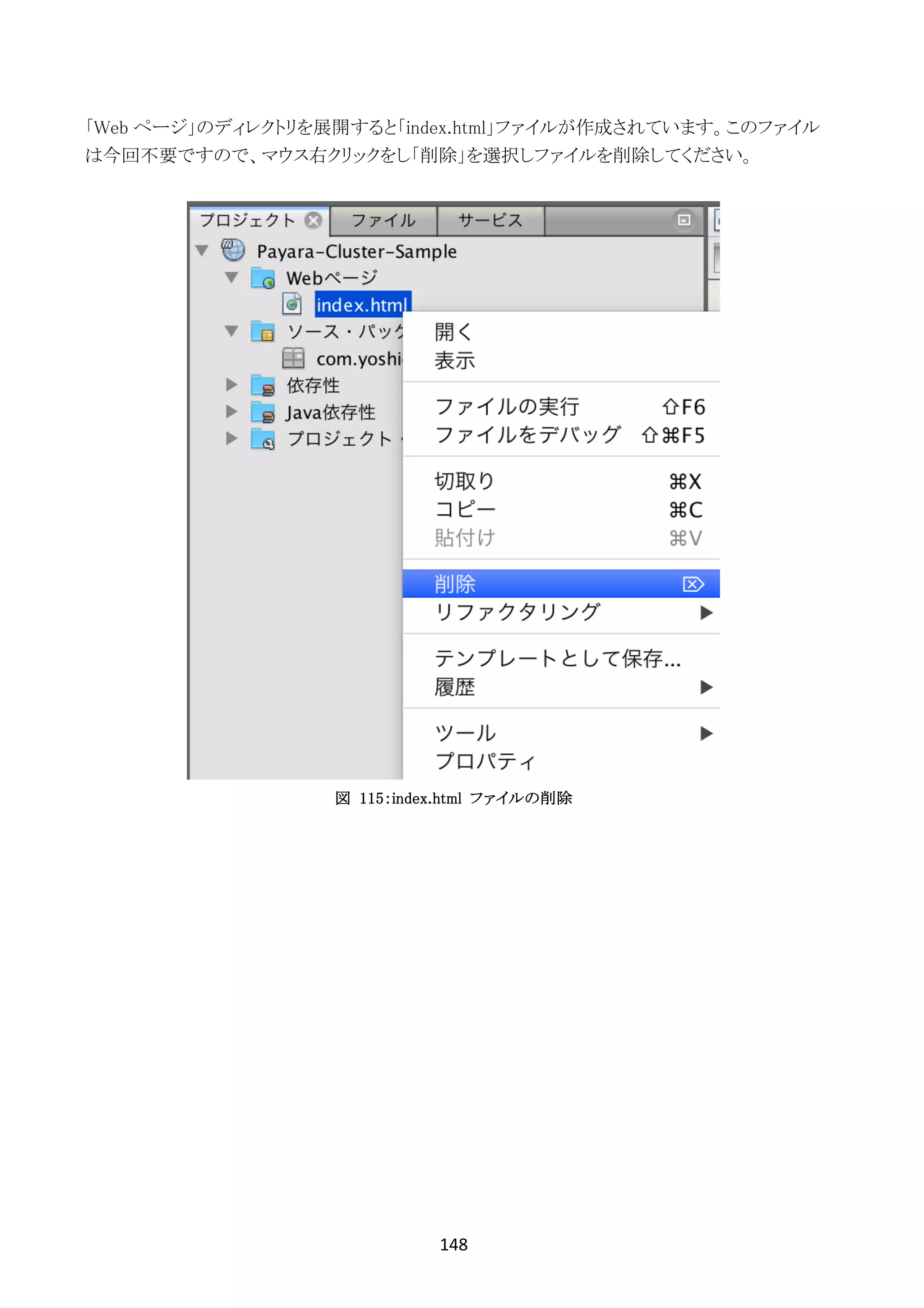 148	
	
「Web ページ」のディレクトリを展開すると「index.html」ファイルが作成されています。このファイル
は今回不要ですので、マウス右クリックをし「削除」を選択しファイルを削除してください。
図 115：index.html ファイルの削除
 
