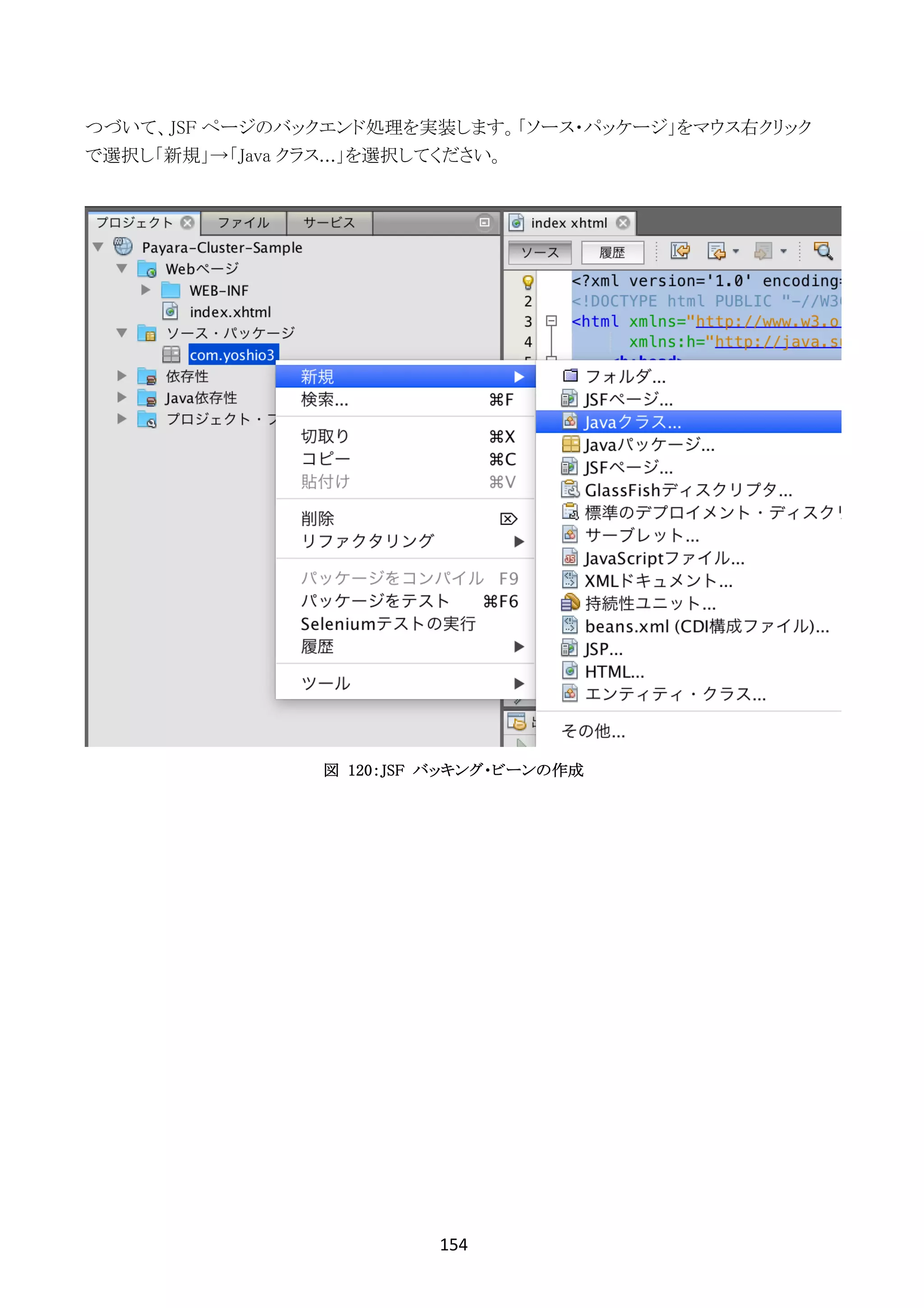 154	
	
つづいて、JSF ページのバックエンド処理を実装します。「ソース・パッケージ」をマウス右クリック
で選択し「新規」→「Java クラス...」を選択してください。
図 120：JSF バッキング・ビーンの作成
 