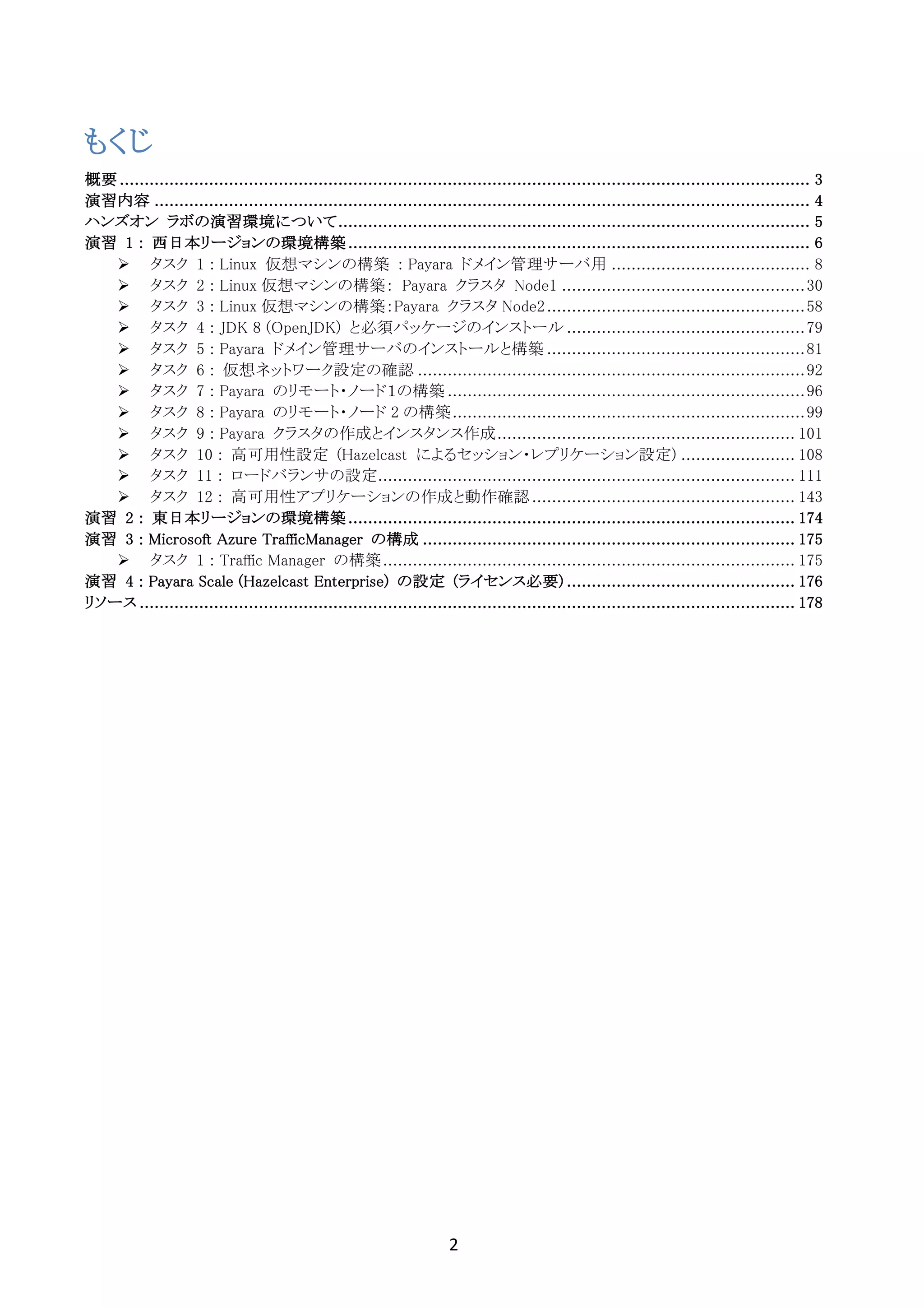 2	
	
もくじ
概要 ........................................................................................................................................... 3
演習内容 .................................................................................................................................... 4
ハンズオン ラボの演習環境について............................................................................................... 5
演習 1 : 西日本リージョンの環境構築............................................................................................. 6
Ø タスク 1 : Linux 仮想マシンの構築 : Payara ドメイン管理サーバ用 ........................................ 8
Ø タスク 2 : Linux 仮想マシンの構築： Payara クラスタ Node1 .................................................30
Ø タスク 3 : Linux 仮想マシンの構築：Payara クラスタ Node2....................................................58
Ø タスク 4 : JDK 8 (OpenJDK) と必須パッケージのインストール ................................................79
Ø タスク 5 : Payara ドメイン管理サーバのインストールと構築 ....................................................81
Ø タスク 6 : 仮想ネットワーク設定の確認 ..............................................................................92
Ø タスク 7 : Payara のリモート・ノード１の構築 ........................................................................96
Ø タスク 8 : Payara のリモート・ノード 2 の構築.......................................................................99
Ø タスク 9 : Payara クラスタの作成とインスタンス作成............................................................ 101
Ø タスク 10 : 高可用性設定 (Hazelcast によるセッション・レプリケーション設定) ....................... 108
Ø タスク 11 : ロードバランサの設定.................................................................................... 111
Ø タスク 12 : 高可用性アプリケーションの作成と動作確認..................................................... 143
演習 2 : 東日本リージョンの環境構築.......................................................................................... 174
演習 3 : Microsoft Azure TrafficManager の構成 ........................................................................... 175
Ø タスク 1 : Traffic Manager の構築................................................................................... 175
演習 4 : Payara Scale (Hazelcast Enterprise) の設定 (ライセンス必要) .............................................. 176
リソース .................................................................................................................................... 178
 