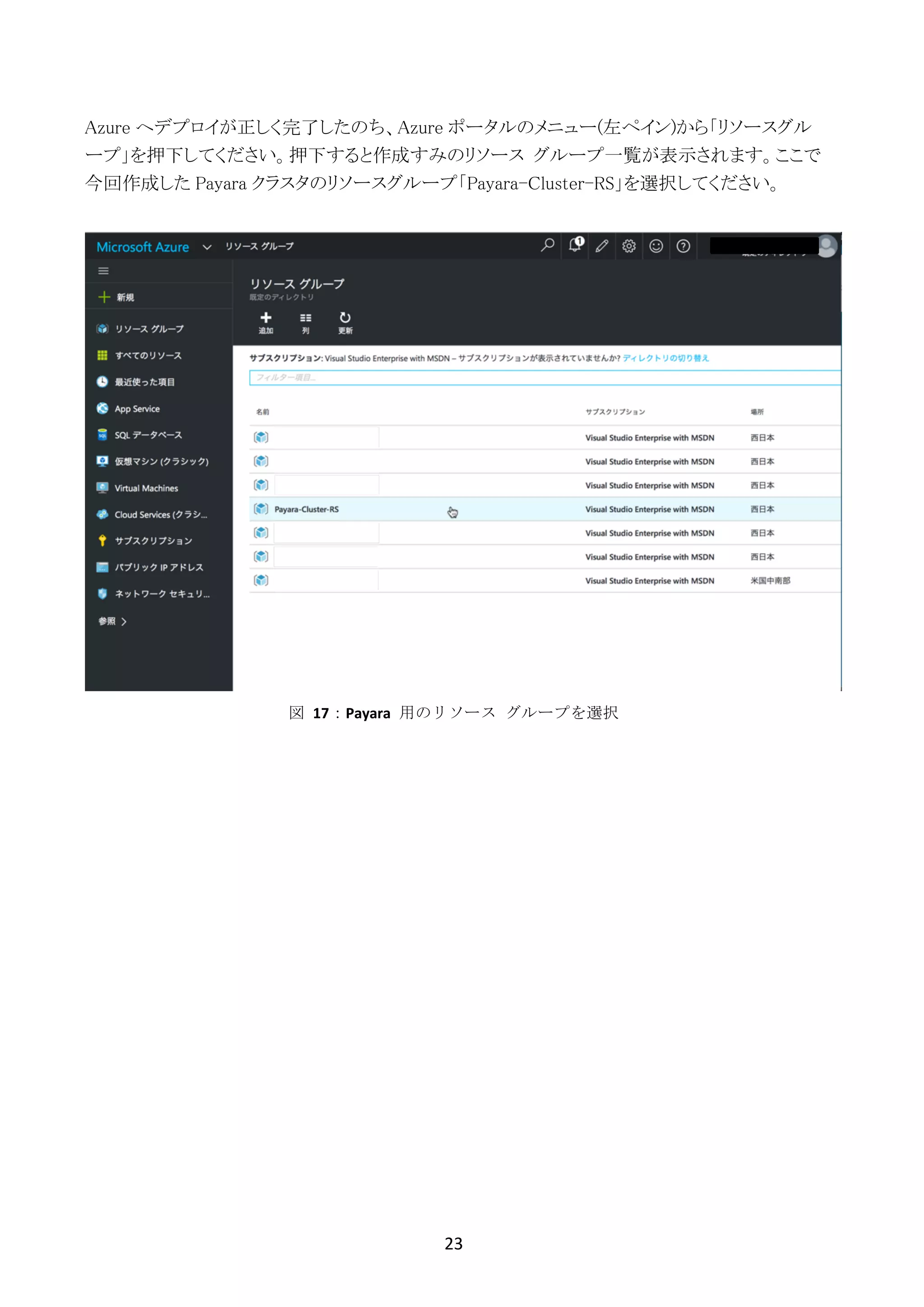 23	
	
Azure へデプロイが正しく完了したのち、Azure ポータルのメニュー(左ペイン)から「リソースグル
ープ」を押下してください。押下すると作成すみのリソース グループ一覧が表示されます。ここで
今回作成した Payara クラスタのリソースグループ「Payara-Cluster-RS」を選択してください。
図	 17：Payara	 用のリソース	 グループを選択
 