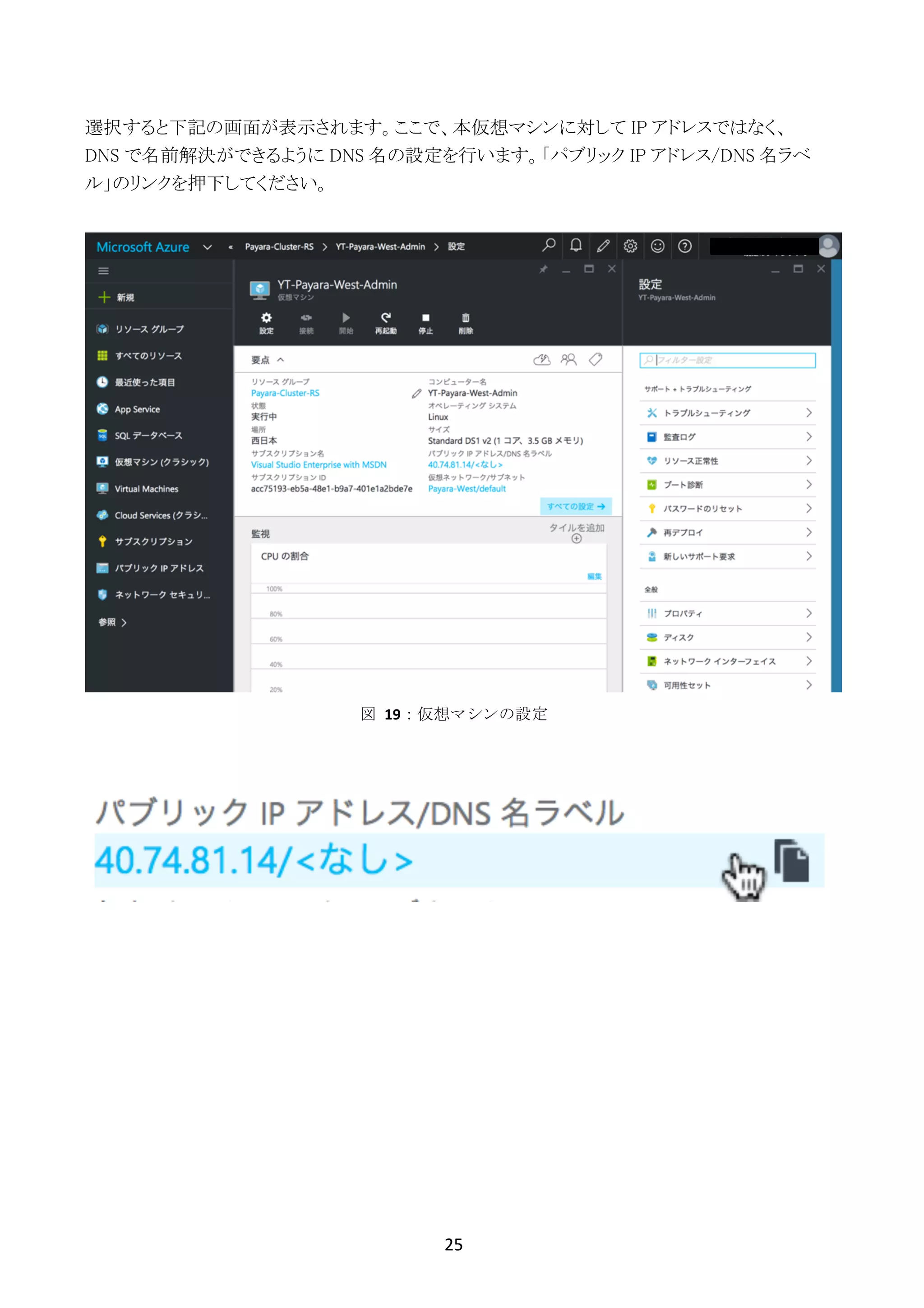 25	
	
選択すると下記の画面が表示されます。ここで、本仮想マシンに対して IP アドレスではなく、
DNS で名前解決ができるように DNS 名の設定を行います。「パブリック IP アドレス/DNS 名ラベ
ル」のリンクを押下してください。
図	 19：仮想マシンの設定
 