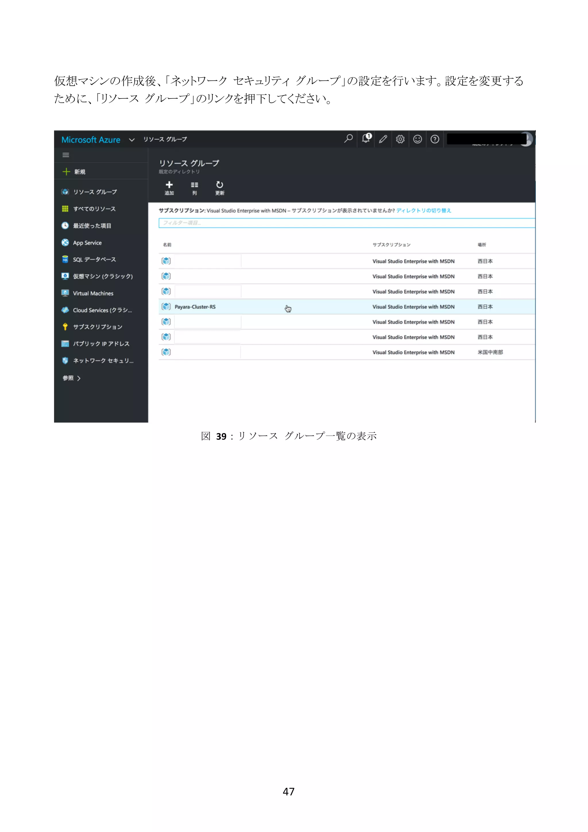 47	
	
仮想マシンの作成後、「ネットワーク セキュリティ グループ」の設定を行います。設定を変更する
ために、「リソース グループ」のリンクを押下してください。
図	 39：リソース	 グループ一覧の表示
 