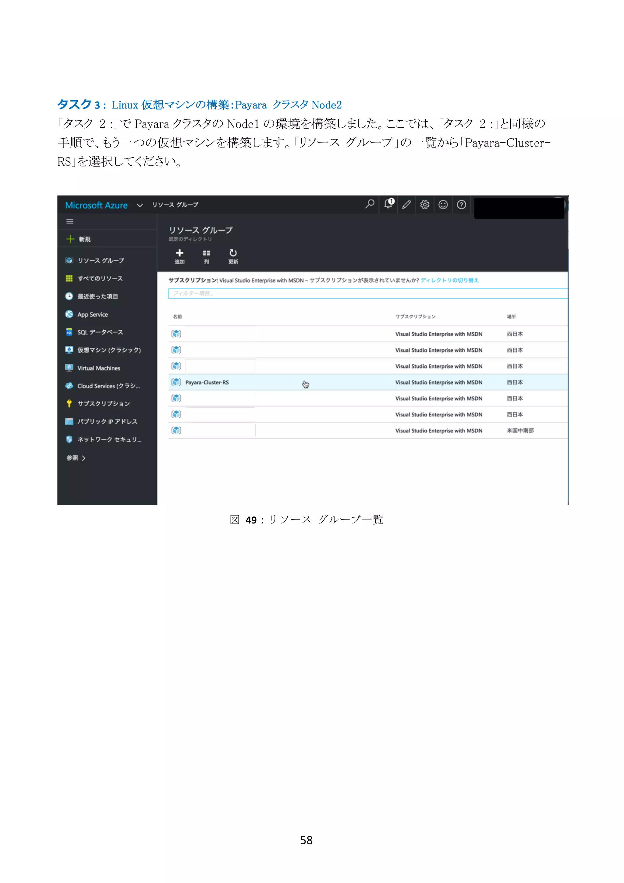58	
	
タスク	3	: Linux 仮想マシンの構築：Payara クラスタ Node2
「タスク 2 :」で Payara クラスタの Node1 の環境を構築しました。ここでは、「タスク 2 :」と同様の
手順で、もう一つの仮想マシンを構築します。「リソース グループ」の一覧から「Payara-Cluster-
RS」を選択してください。
図	 49：リソース	 グループ一覧
 