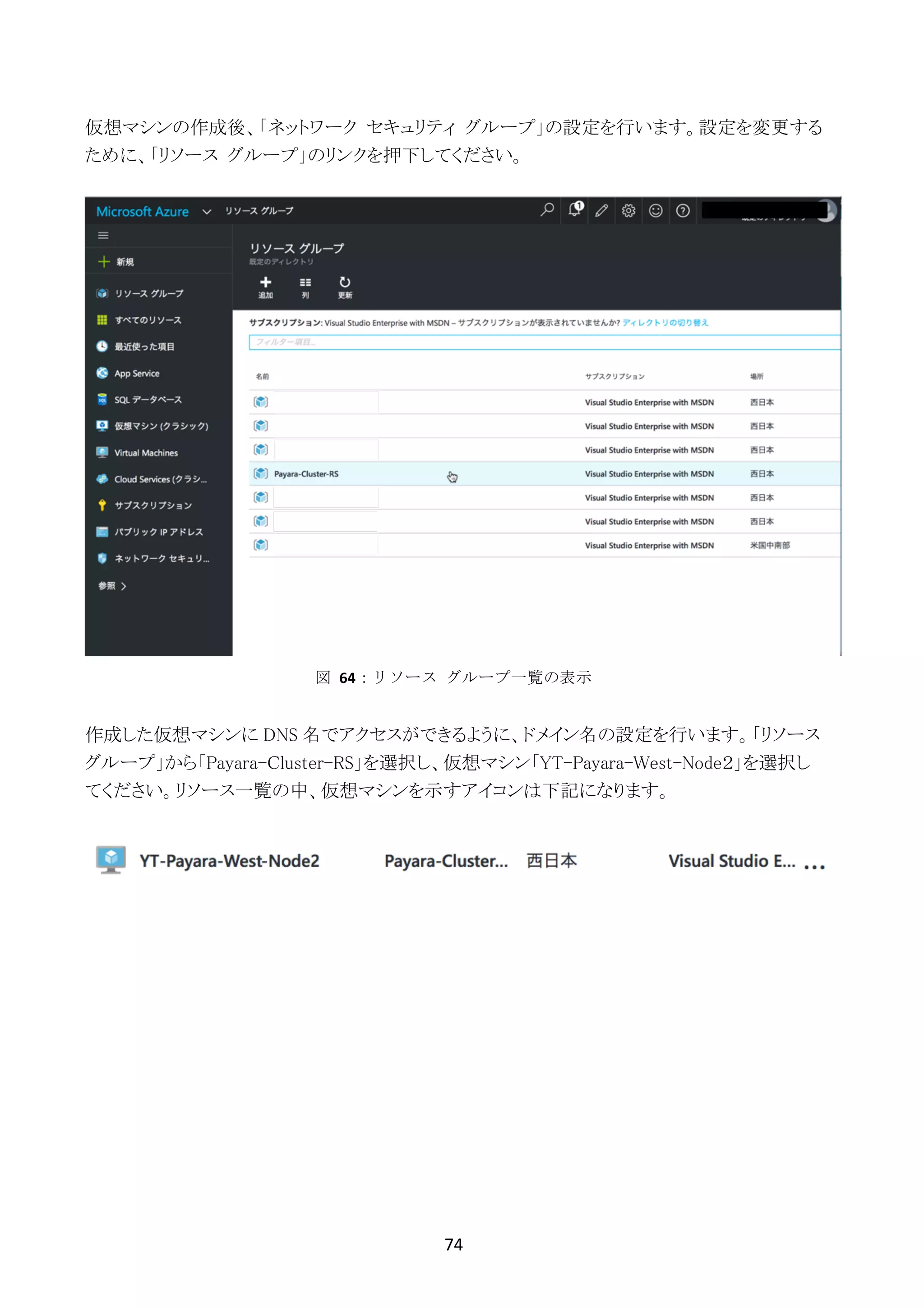 74	
	
仮想マシンの作成後、「ネットワーク セキュリティ グループ」の設定を行います。設定を変更する
ために、「リソース グループ」のリンクを押下してください。
作成した仮想マシンに DNS 名でアクセスができるように、ドメイン名の設定を行います。「リソース
グループ」から「Payara-Cluster-RS」を選択し、仮想マシン「YT-Payara-West-Node２」を選択し
てください。リソース一覧の中、仮想マシンを示すアイコンは下記になります。
図	 64：リソース	 グループ一覧の表示
 