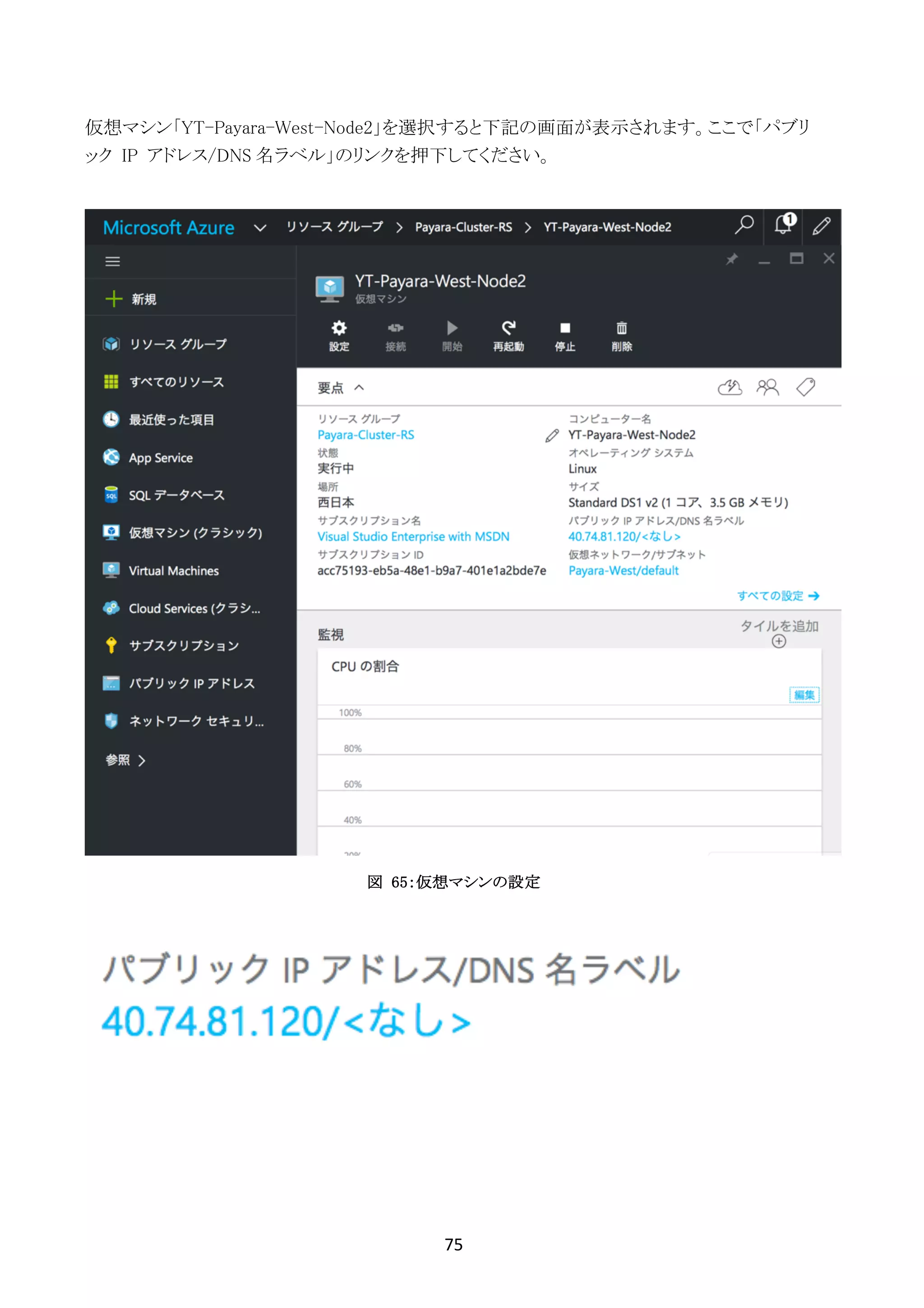 75	
	
仮想マシン「YT-Payara-West-Node2」を選択すると下記の画面が表示されます。ここで「パブリ
ック IP アドレス/DNS 名ラベル」のリンクを押下してください。
図 65：仮想マシンの設定
 