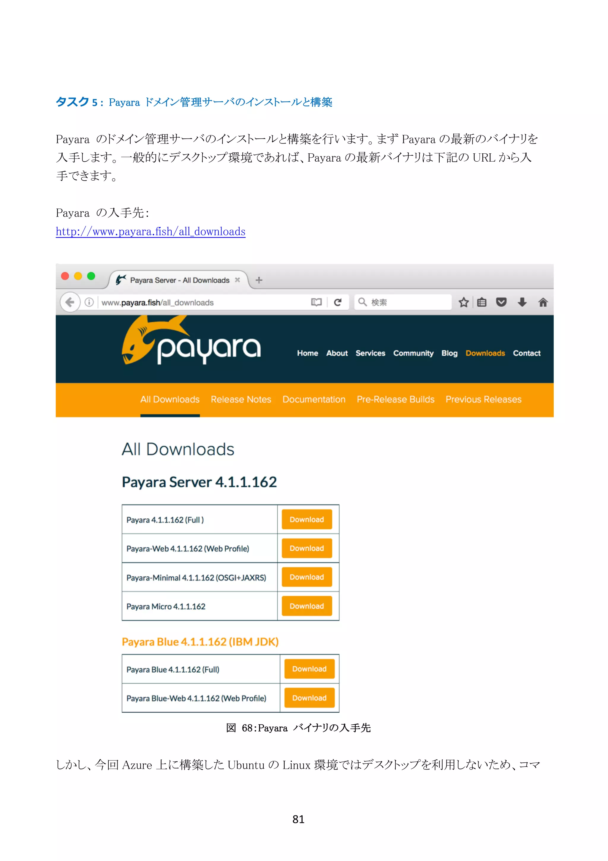 81	
	
タスク	5	: Payara ドメイン管理サーバのインストールと構築
Payara のドメイン管理サーバのインストールと構築を行います。まず Payara の最新のバイナリを
入手します。一般的にデスクトップ環境であれば、Payara の最新バイナリは下記の URL から入
手できます。
Payara の入手先：
http://www.payara.fish/all_downloads
図 68：Payara バイナリの入手先
しかし、今回 Azure 上に構築した Ubuntu の Linux 環境ではデスクトップを利用しないため、コマ
 