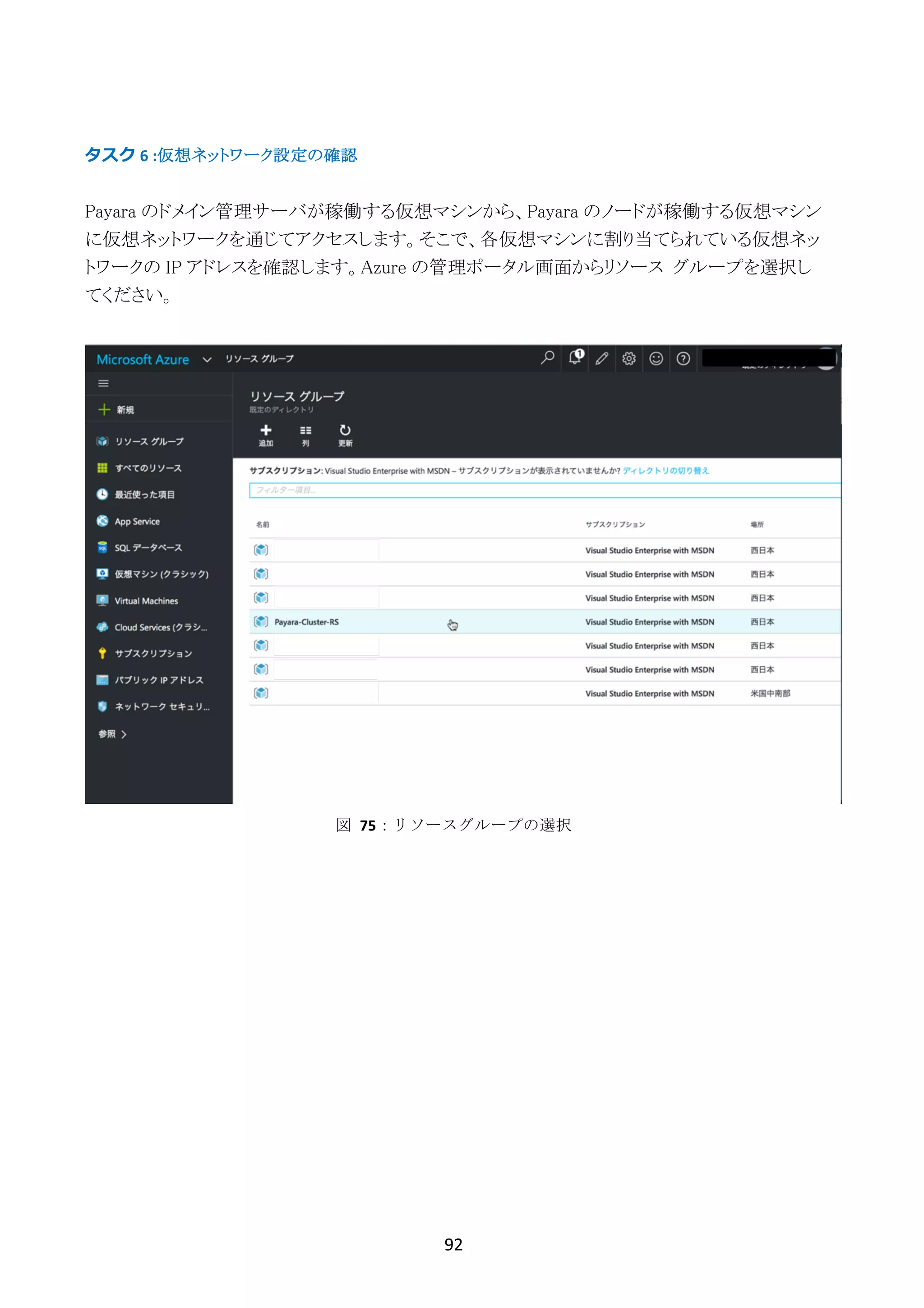 92	
	
タスク	6	:仮想ネットワーク設定の確認
Payara のドメイン管理サーバが稼働する仮想マシンから、Payara のノードが稼働する仮想マシン
に仮想ネットワークを通じてアクセスします。そこで、各仮想マシンに割り当てられている仮想ネッ
トワークの IP アドレスを確認します。Azure の管理ポータル画面からリソース グループを選択し
てください。
図	 75：リソースグループの選択
 