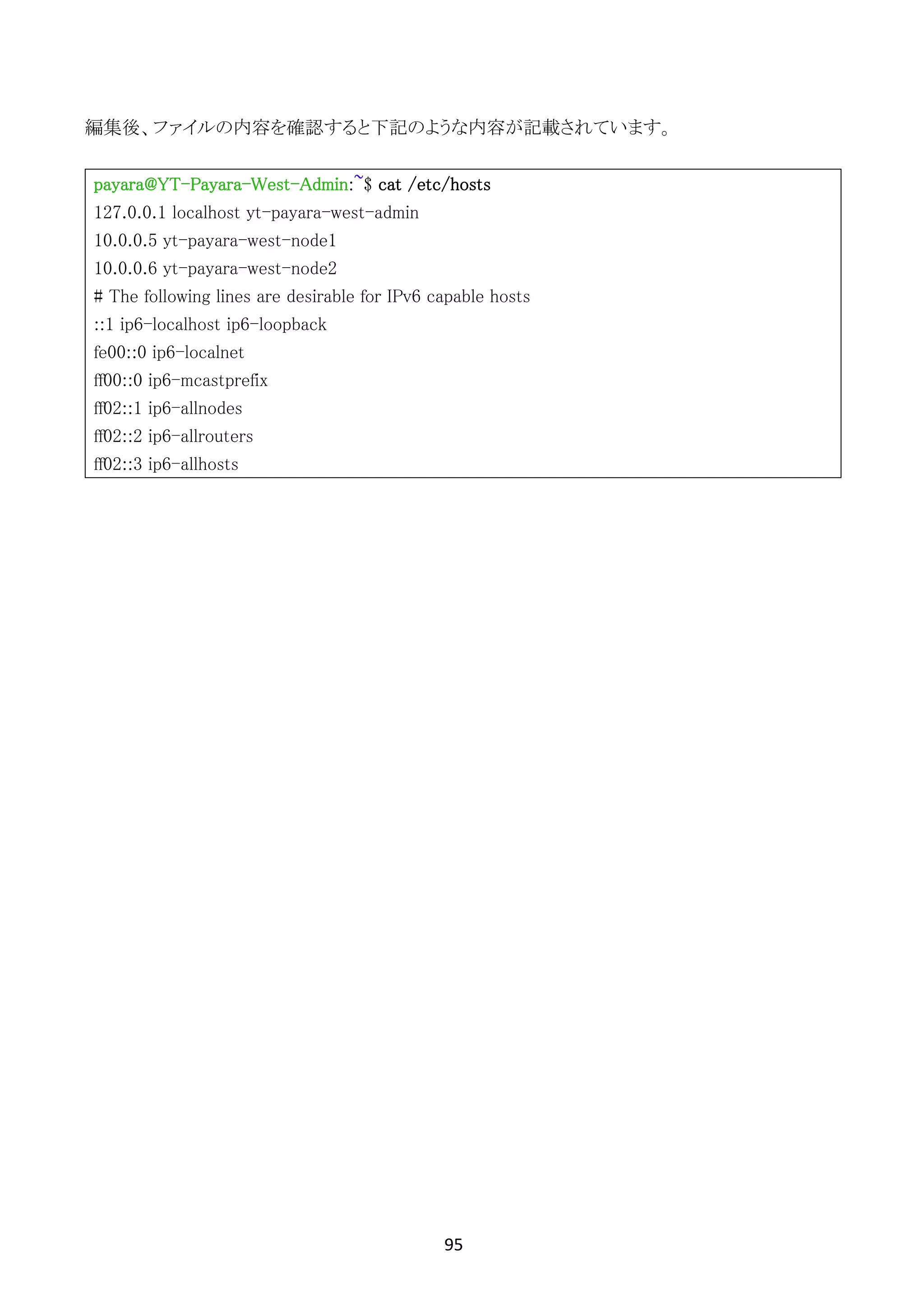 95	
	
編集後、ファイルの内容を確認すると下記のような内容が記載されています。
payara@YT-Payara-West-Admin:~$ cat /etc/hosts
127.0.0.1 localhost yt-payara-west-admin
10.0.0.5 yt-payara-west-node1
10.0.0.6 yt-payara-west-node2
# The following lines are desirable for IPv6 capable hosts
::1 ip6-localhost ip6-loopback
fe00::0 ip6-localnet
ff00::0 ip6-mcastprefix
ff02::1 ip6-allnodes
ff02::2 ip6-allrouters
ff02::3 ip6-allhosts
 