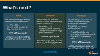 What's next?
Basic
Ideal for standalone applications or
small environment requirements.
• 4 vCPU / 8 Gb
• Choose small, medium or
large runtime size
$700 USD per month
Additional usage billed at $190
per vCPU per 30 days (pro-rata).
Standard
Ideal for teams and businesses
needing a custom domain and larger
resource requirements.
• 16 vCPU / 32 Gb
• Multiple Custom Domains
• Choose small, medium, large
or XL runtime size
$2500 USD per month
Additional usage billed at $160
per vCPU per 30 days (pro-rata).
Premium
Ideal for Enterprise level users and
anyone in need of running your
applications in a supported
environment.
Everything in our Standard
subscription, plus:
• Payara Micro Enterprise
binaries for local development
• Access to Payara support
team
$3500 USD per month
Additional usage billed at $160
per vCPU per 30 days (pro-rata).
payara.cloud
 