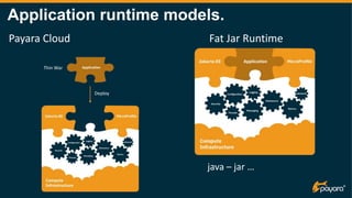 Application runtime models.
Fat Jar Runtime
java – jar …
Payara Cloud
Deploy
Thin War
 