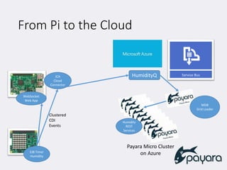 From Pi to the Cloud
Clustered
CDI
Events
HumidityQ
Payara Micro Cluster
on Azure
JCA
Cloud
Connector
WebSocket
Web App
EJ...
