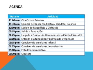 AGENDA
Horario Actividad
11:00 a.m. Cita Costco Polanco
11:30 a.m. Compra de Despensa Costco / Chedraui Polanco
12:30 p.m. Sesión de Maquillaje y Disfraces
02:15 p.m. Salida a Fundación
02:45 p.m. Llegada a Fundación Hermanas de la Caridad Santa Fé
03:00 p.m. Entrada a la fundación y Entrega de Despensas
03:15 p.m. Convivencia en el área infantil
04:15 p.m. Convivencia en el área de ancianitas
05:00 p.m. Foto Conmemorativa
05:30 p.m. Clausura
 