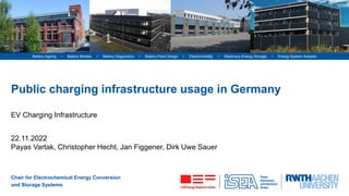Chair for Electrochemical Energy Conversion
and Storage Systems
Battery Ageing • Battery Models • Battery Diagnostics • Battery Pack Design • Electromobility • Stationary Energy Storage • Energy System Analysis
Public charging infrastructure usage in Germany
EV Charging Infrastructure
Payas Vartak, Christopher Hecht, Jan Figgener, Dirk Uwe Sauer
22.11.2022
1
 