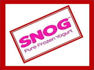 Contd ------ >   snog
 CUSTOMER:
 •Every age group is see at this place.
 •young., old , with family ,bachelors etc all can enjoy this healthy sweet product.
 •I haven't notice any one who just came to visit the outlet, yes many came but when
 they tasted as a trial, they were bound to have snog.
 •It takes less than 30 mins for each customer to finish his or hers order…. More over
 less than 5 min is taken to deliver the order.


                                            OTHER OBSERVATIONS:
                             •The sitting arrangement is very attractive (mushrooms like
                                                                                structure).
                           •It’s a plus point for them because most of the outlets do not
                                                                       provide this facility.
                               •They have different size (according to persons feasibility).
                            •They provide with extra services too like special packs (so it
                                         doesn’t melt) for those taking the product home.
 