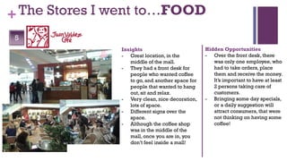 + The Stores I went to…FOOD
 5
               Insights                          Hidden Opportunities
               - Great location, in the          - Over the front desk, there
                  middle of the mall.               was only one employee, who
               - They had a front desk for          had to take orders, place
                  people who wanted coffee          them and receive the money.
                  to go, and another space for      It’s important to have at least
                  people that wanted to hang        2 persons taking care of
                  out, sit and relax.               customers.
               - Very clean, nice decoration,    - Bringing some day specials,
                  lots of space.                    or a daily suggestion will
               - Different signs over the           attract consumers, that were
                  space.                            not thinking on having some
               - Although the coffee shop           coffee!
                  was in the middle of the
                  mall, once you are in, you
                  don’t feel inside a mall!
 