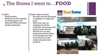 + The Stores I went to…FOOD
Insights
                                                                 6
                                Hidden Opportunities
- Great Location                - The sign was old, that sends
- Products are well exposed,       a message of a neglected
   the looked great, and           place.
   delicious! Which attracted   - There was only one
   people passing by.              employee for all the
                                   customers, two persons will
                                   bring a better service.
                                - All food is to go, they
                                   should place some tables
                                   so that people can have
                                   some time to eat, and
                                   maybe consume more
                                   products.
 