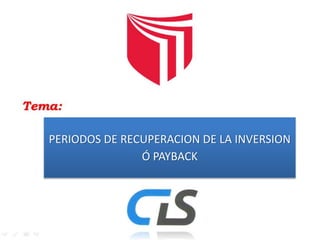 PERIODOS DE RECUPERACION DE LA INVERSION
Ó PAYBACK
 