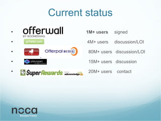 Current status   1M+ users   signed 4M+ users  discussion/LOI 80M+ users  discussion/LOI 15M+ users  discussion 20M+ users  contact 