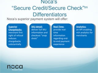 Noca's  “Secure Credit/Secure Check” tm  Differentiators Noca’s superior payment system will offer: Superior Chargebacks:  merchant first right of refusal  reduces chargebacks substantially Analytics:   an API enabling rich analytics for merchants   Real Time:   provide real-time information regarding end-to-end payment experience SKU detail:   deliver full SKU information and checkout “snap shots” 