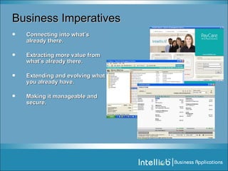 Connecting into what’s already there. Extracting more value from what’s already there. Extending and evolving what you already have. Making it manageable and secure. Business Imperatives 