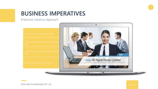 9/16/2016INTELLIOB TECHNOLOGIES PVT. LTD.
BUSINESS IMPERATIVES
Enterprise Solutions Approach
10
Connecting into what’s already there.
Extracting more value from what’s already
there.
Extending and evolving what you already
have.
Making it manageable and secure.
 